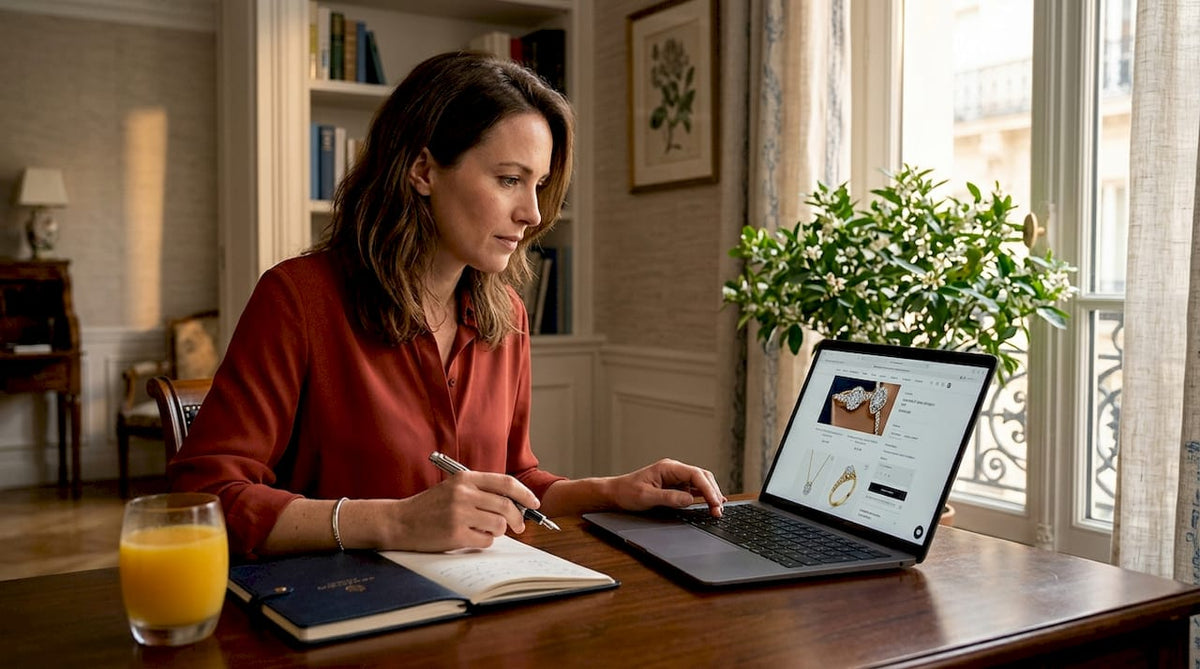 Woman browsing luxury jewelry online at home