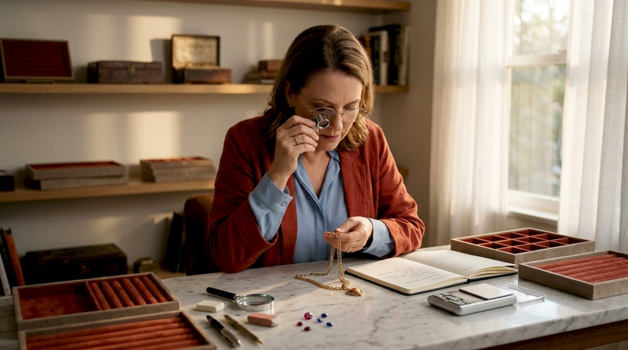 Jewelry appraiser examines gold necklace at workbench