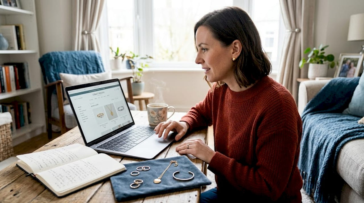 Woman exploring jewelry outlet options at home