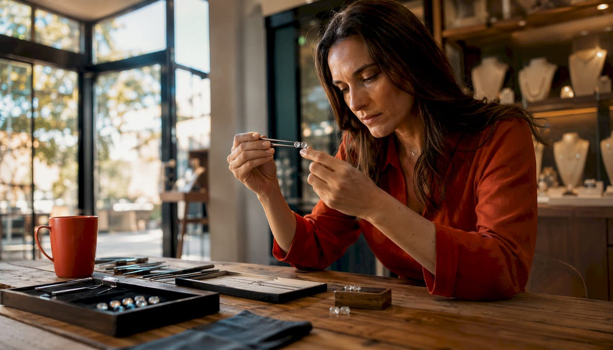 Jewelry consultant comparing diamond and cubic zirconia