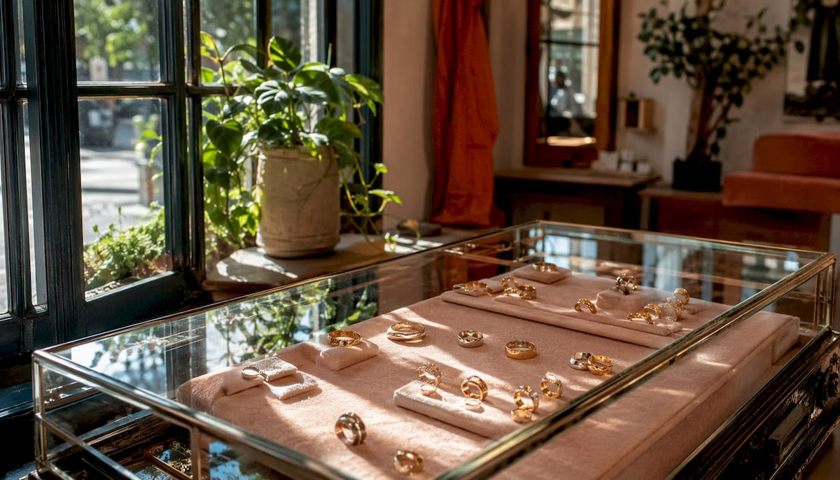Display of rose gold and yellow gold rings