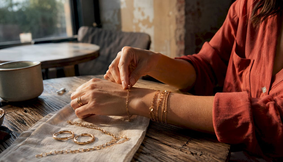 Close-up of layered gold plated jewelry on hand