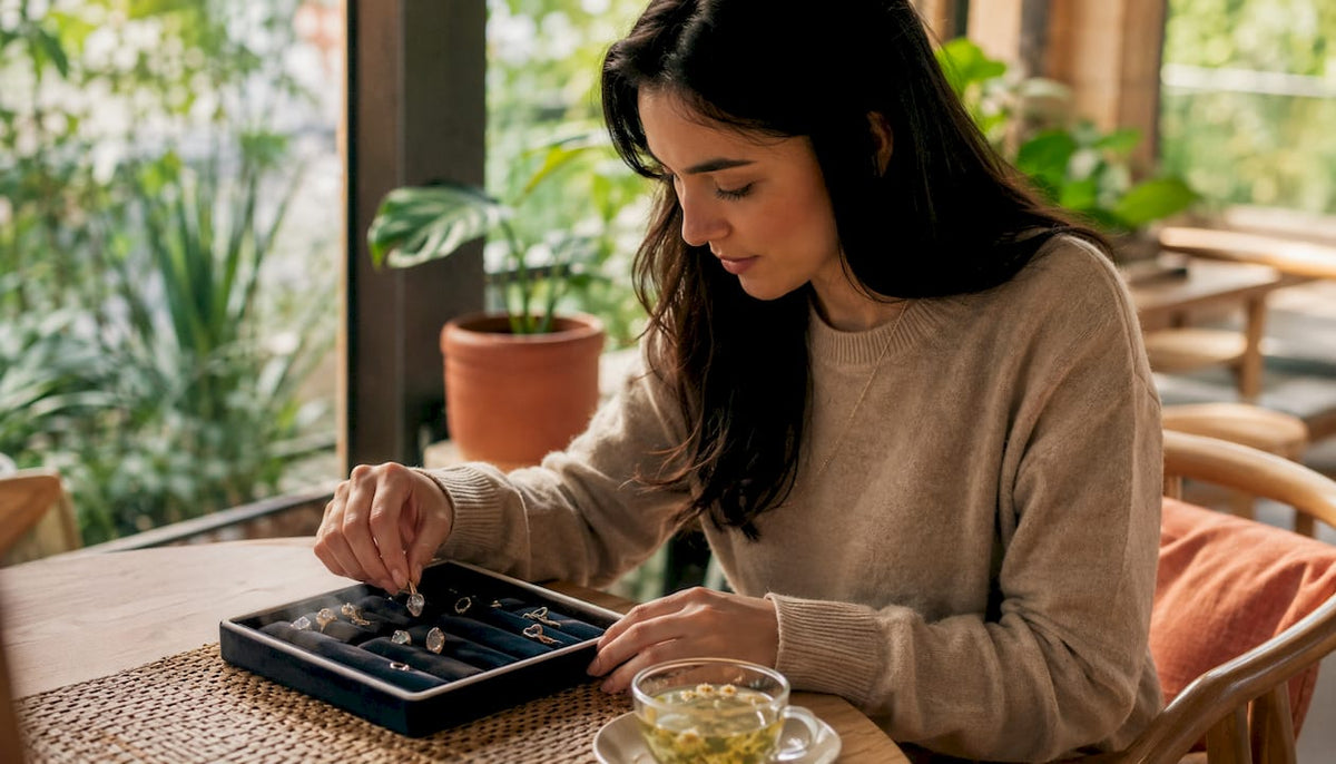 Woman choosing crystal ring indoors near window