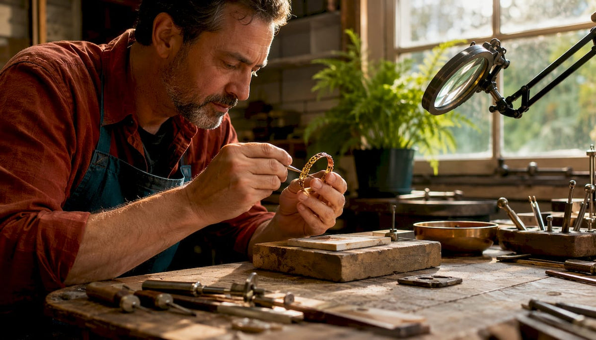 Jeweler applying gold plating to bracelet