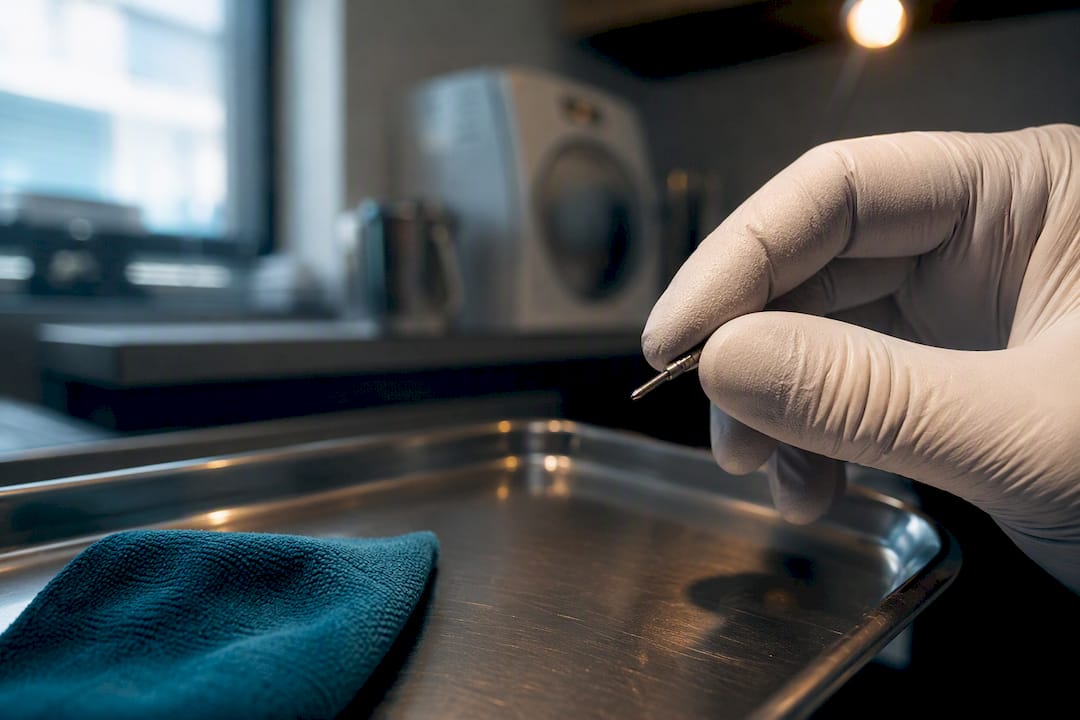 Gloved hand holding implant-grade titanium post