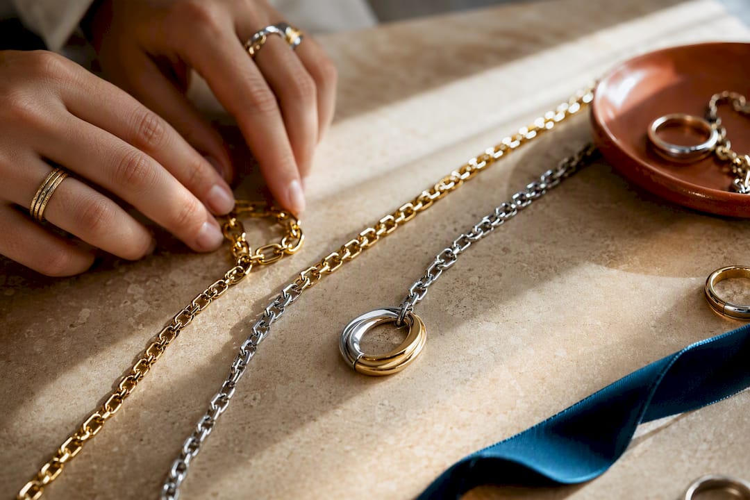 Gold and silver jewelry details arranged together