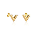 Gold V-shaped earrings on a white background. Inspired by Louis Vuitton LV Essential Collection