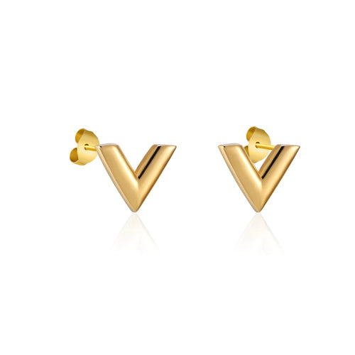 Gold V-shaped earrings on a white background. Inspired by Louis Vuitton LV Essential Collection