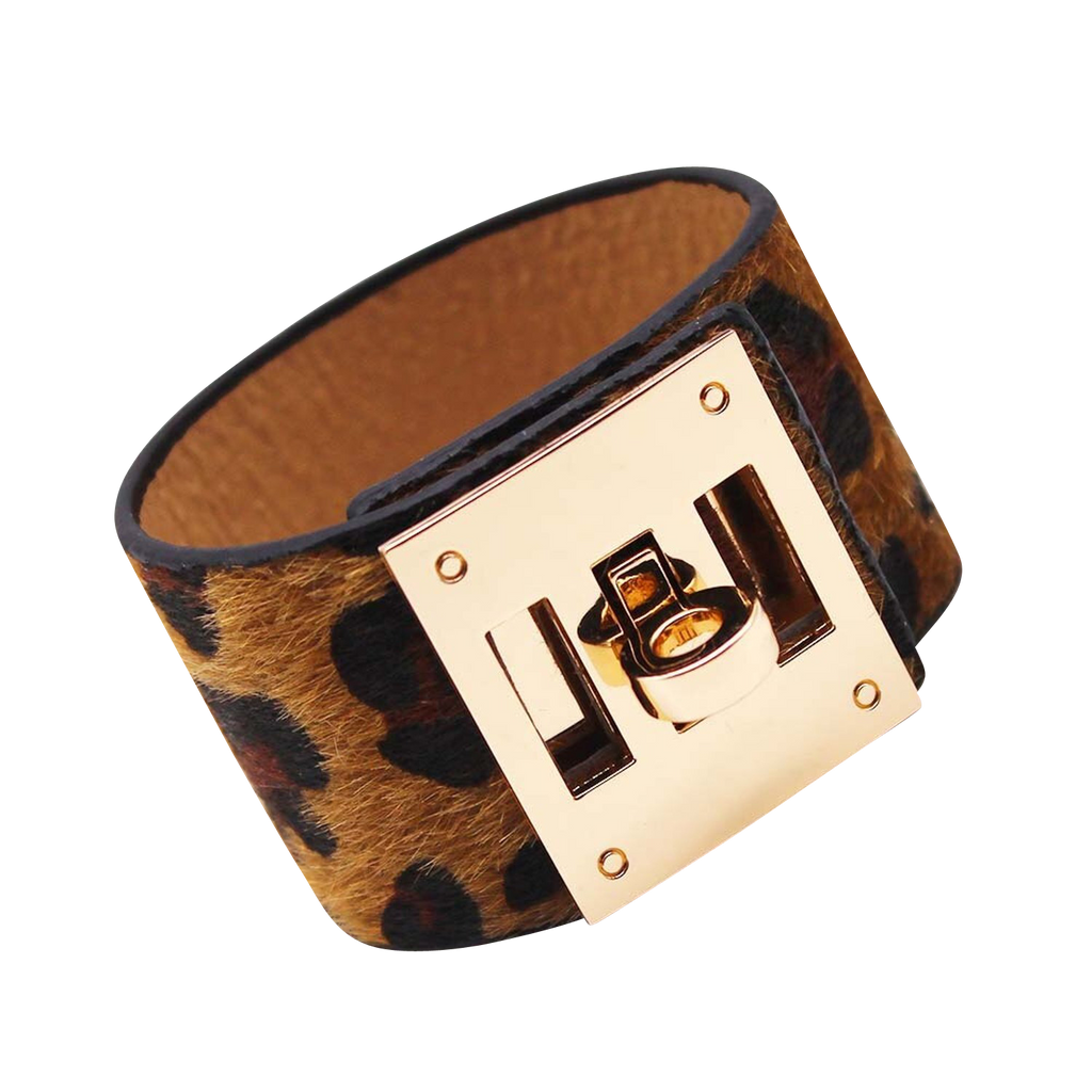 Leopard-Print-Wide-Cuff-Women-Leather-Wrap-Bracelet-Steel-Lock-Design-Jewelry-Hermes-Replica-Kelly-Brown