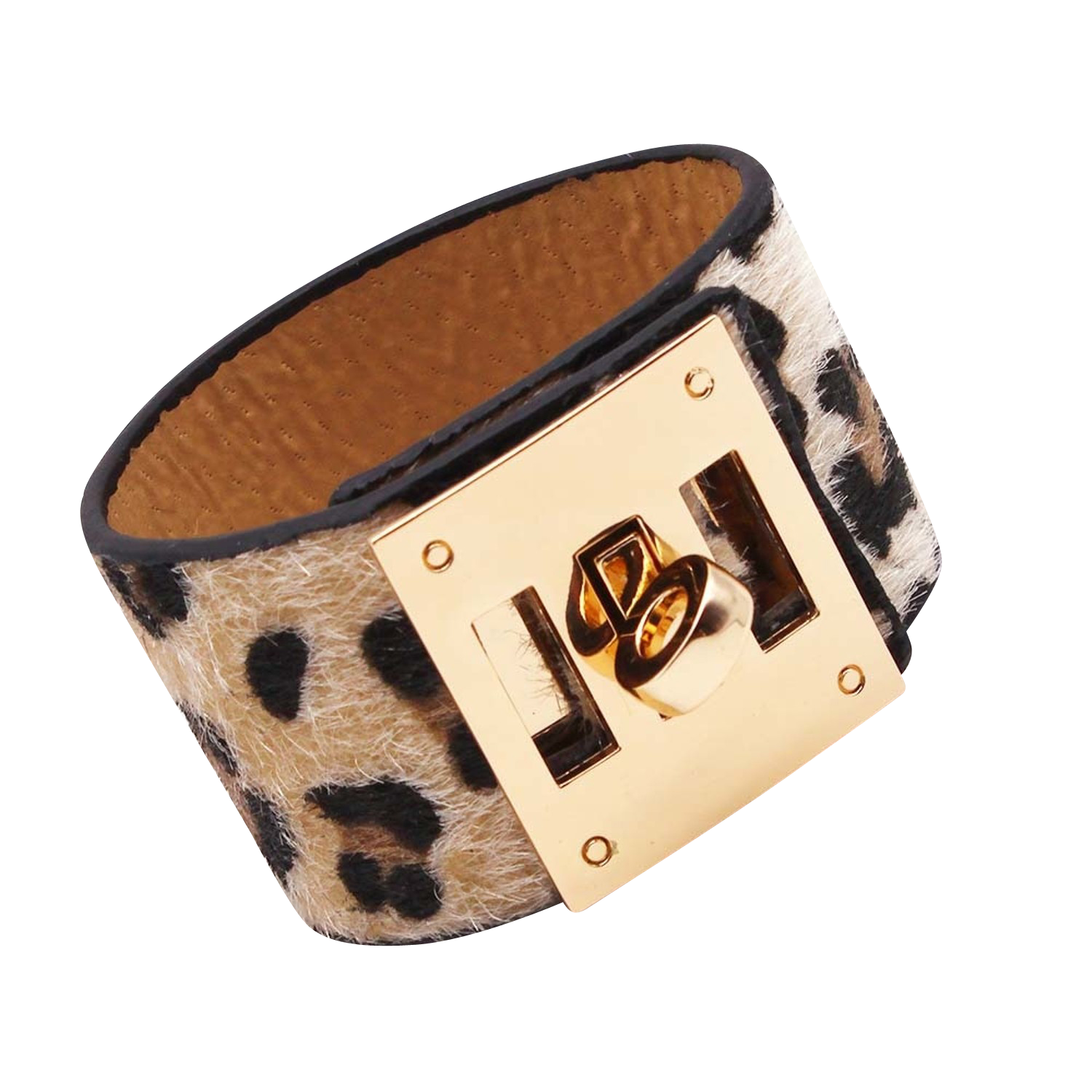 Leopard-Print-Wide-Cuff-Women-Leather-Wrap-Bracelet-Steel-Lock-Design-Jewelry-Hermes-Replica-Kelly-Nude