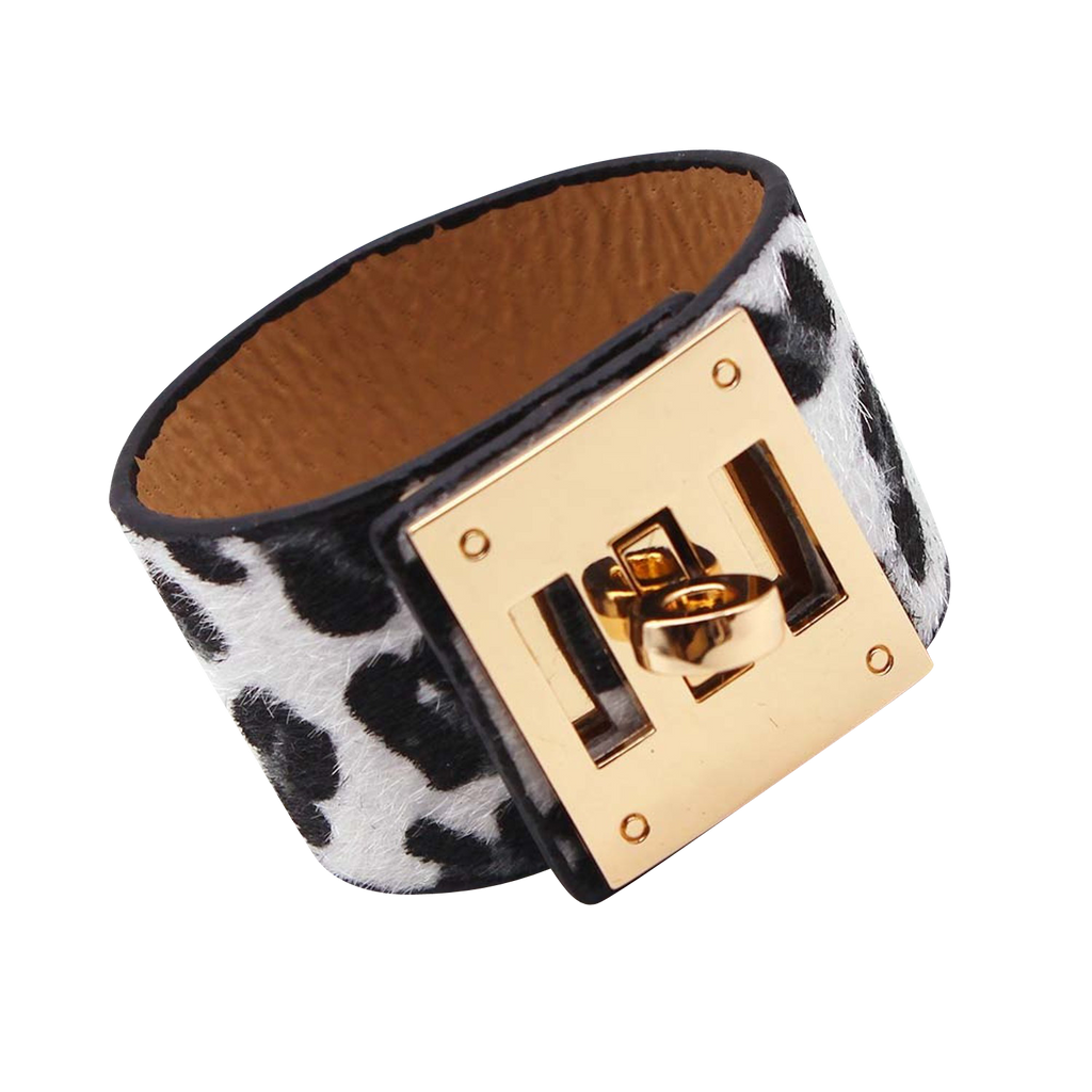 Leopard-Print-Wide-Cuff-Women-Leather-Wrap-Bracelet-Steel-Lock-Design-Jewelry-Hermes-Replica-Kelly-White