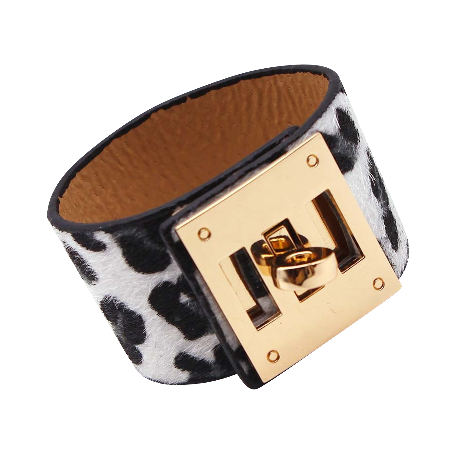 Leopard-Print-Wide-Cuff-Women-Leather-Wrap-Bracelet-Steel-Lock-Design-Jewelry-Hermes-Replica-Kelly-White