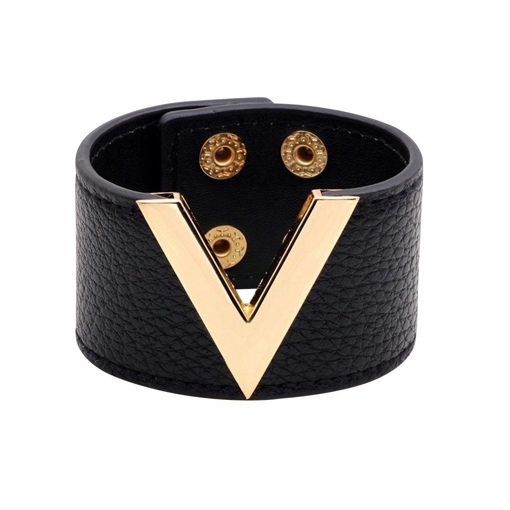 Black-V-Leather-Bracelet-LV-Louis-Vuitton-Replica-Inspired-Vegan
