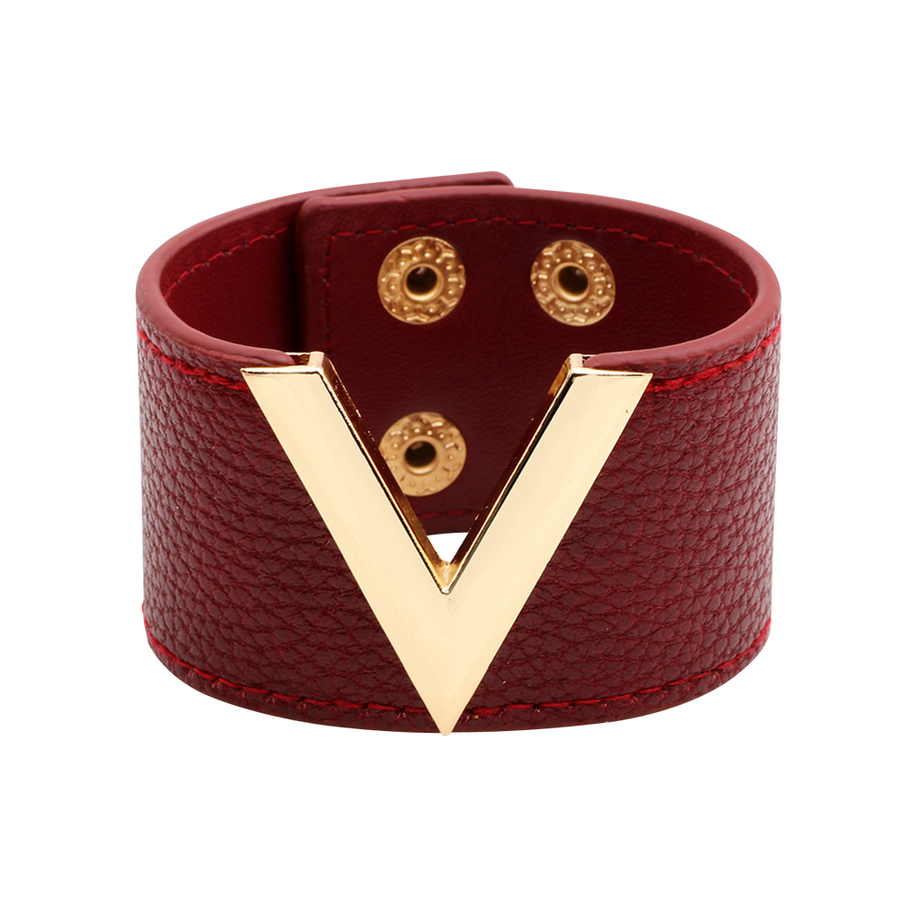 Burgundy-Red-V-Leather-Bracelet-LV-Louis-Vuitton-Replica-Inspired-Vegan